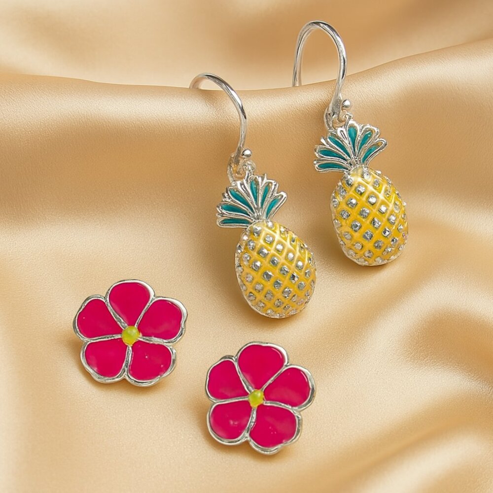 Silver Tropical Pineapple & Hibiscus Earrings, Vibrant Dangle & Stud Set Jewelry